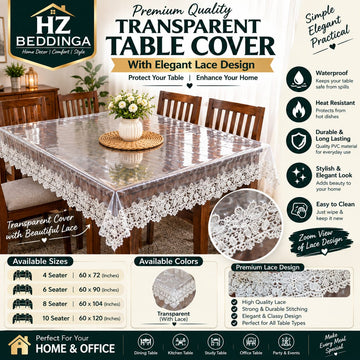 4/6/8/10 Seater Premium Transparent Table Cover with White Elegant Lace Design – Waterproof PVC Table Cloth HZ BEDDING