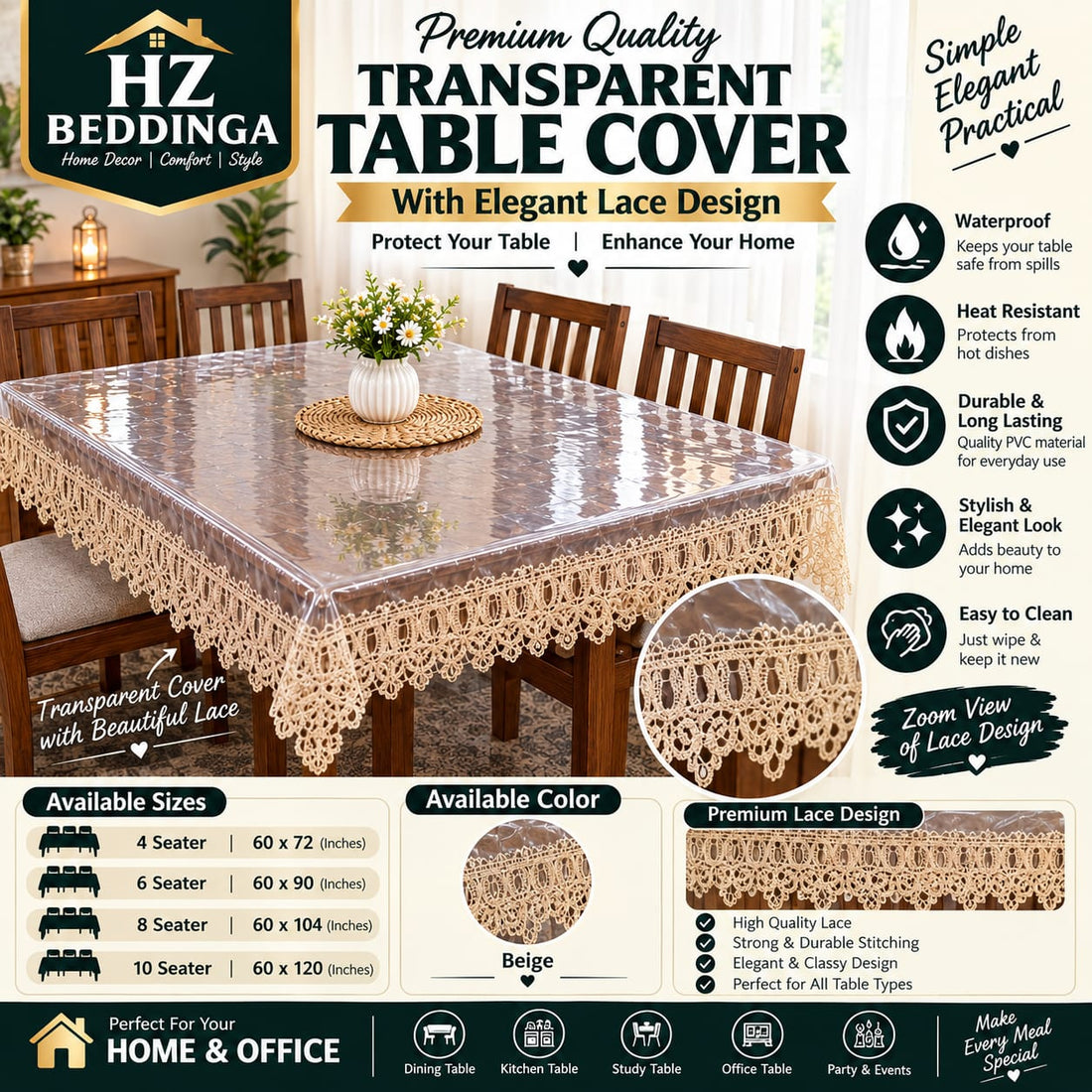 4/6/8/10 Seater Premium Transparent Table Cover with Beige Elegant Lace Design – Waterproof PVC Table Cloth (Copy) HZ BEDDING