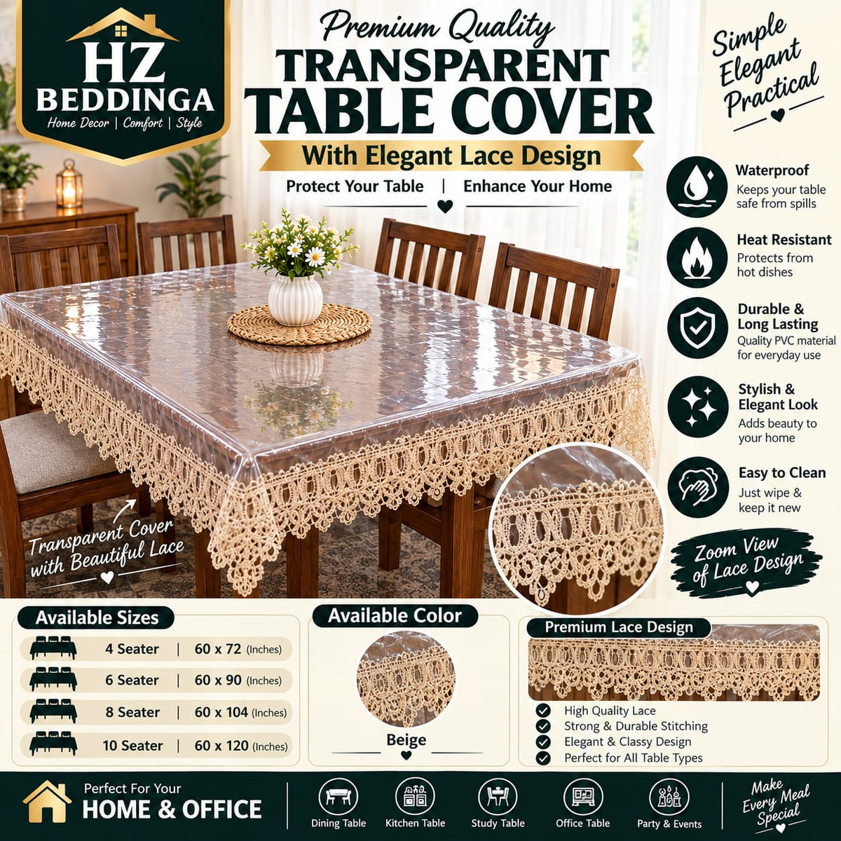 4/6/8/10 Seater Premium Transparent Table Cover with Beige Elegant Lace Design – Waterproof PVC Table Cloth (Copy) HZ BEDDING