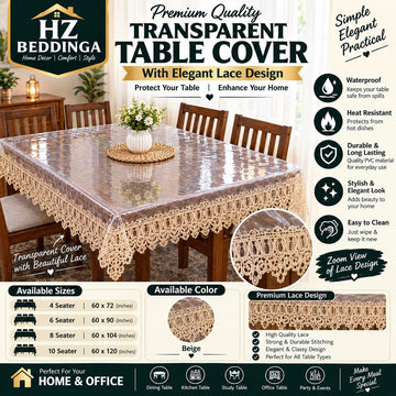 4/6/8/10 Seater Premium Transparent Table Cover with Beige Elegant Lace Design – Waterproof PVC Table Cloth (Copy) HZ BEDDING