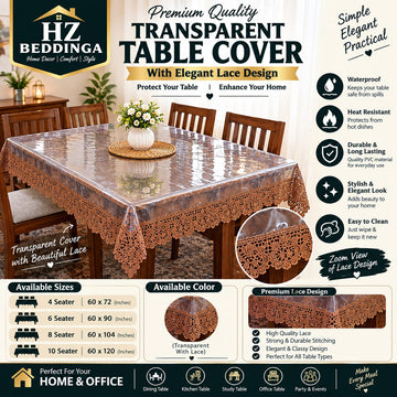4/6/8/10 Seater Premium Transparent Table Cover with Brown Elegant Lace Design – Waterproof PVC Table Cloth HZ BEDDING