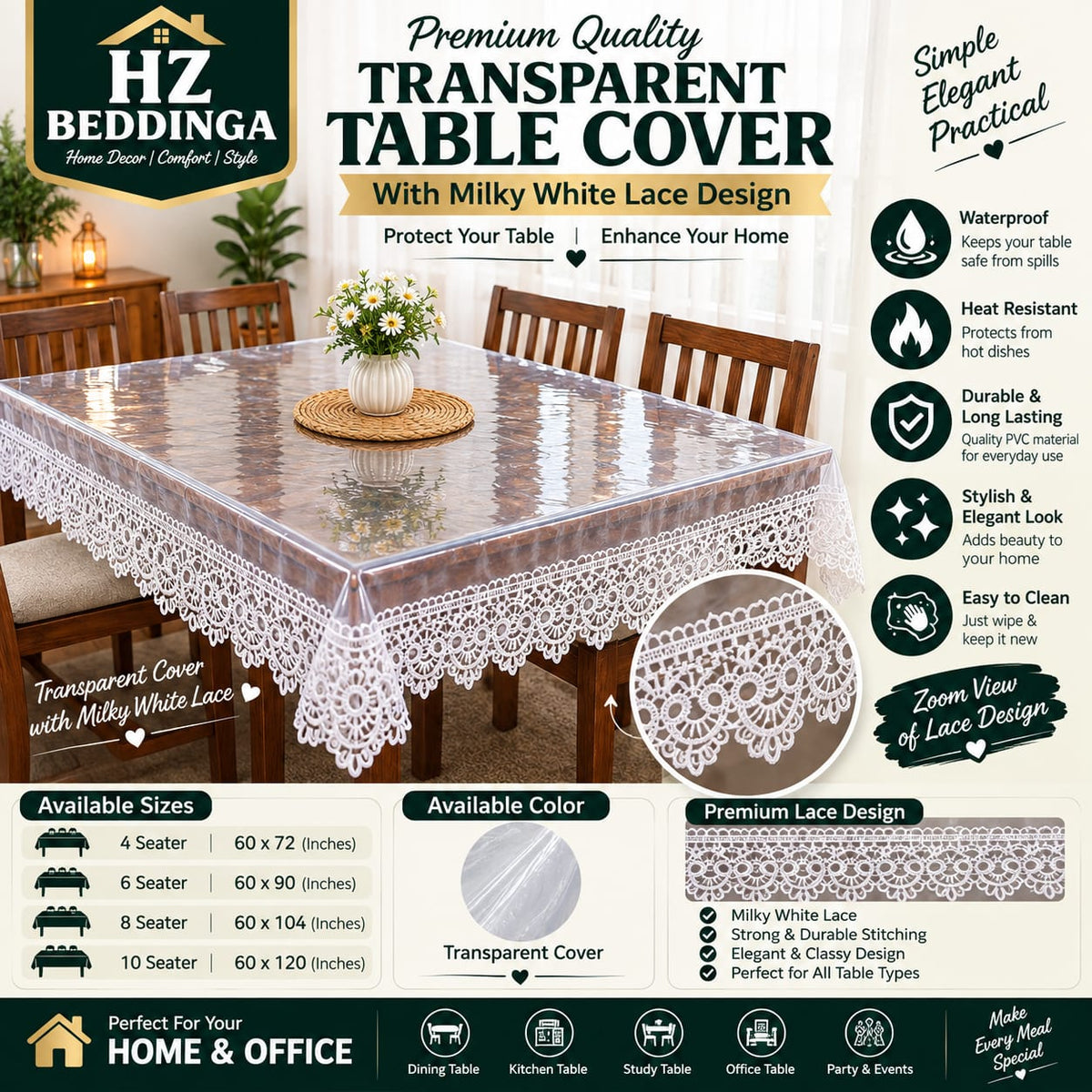 4/6/8/10 Seater Premium Transparent Table Cover with White Elegant Lace Design – Waterproof PVC Table Cloth (Copy) (Copy) HZ BEDDING
