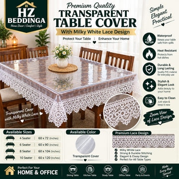 4/6/8/10 Seater Premium Transparent Table Cover with White Elegant Lace Design – Waterproof PVC Table Cloth (Copy) (Copy) HZ BEDDING