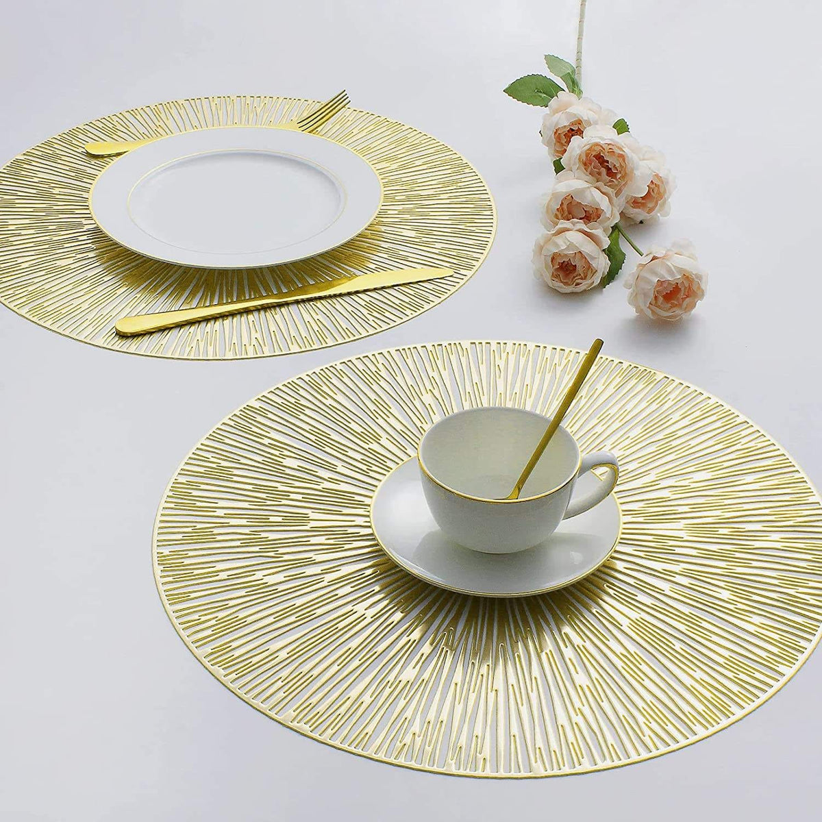 2/4/6/8 Set Spiked Golden Vinyl Metallic Flower Table Mats HZ BEDDING