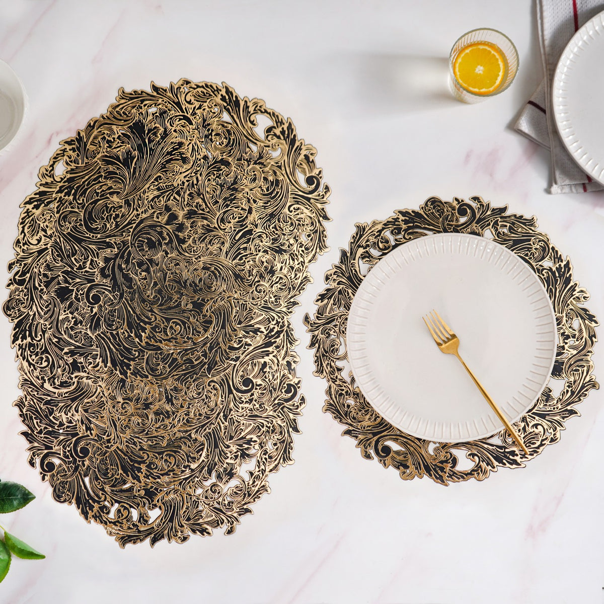 2/4/6/8 Set Noir Luxe Round Tablemat Black Golden Vinyl Metallic Flower Table Mats HZ BEDDING