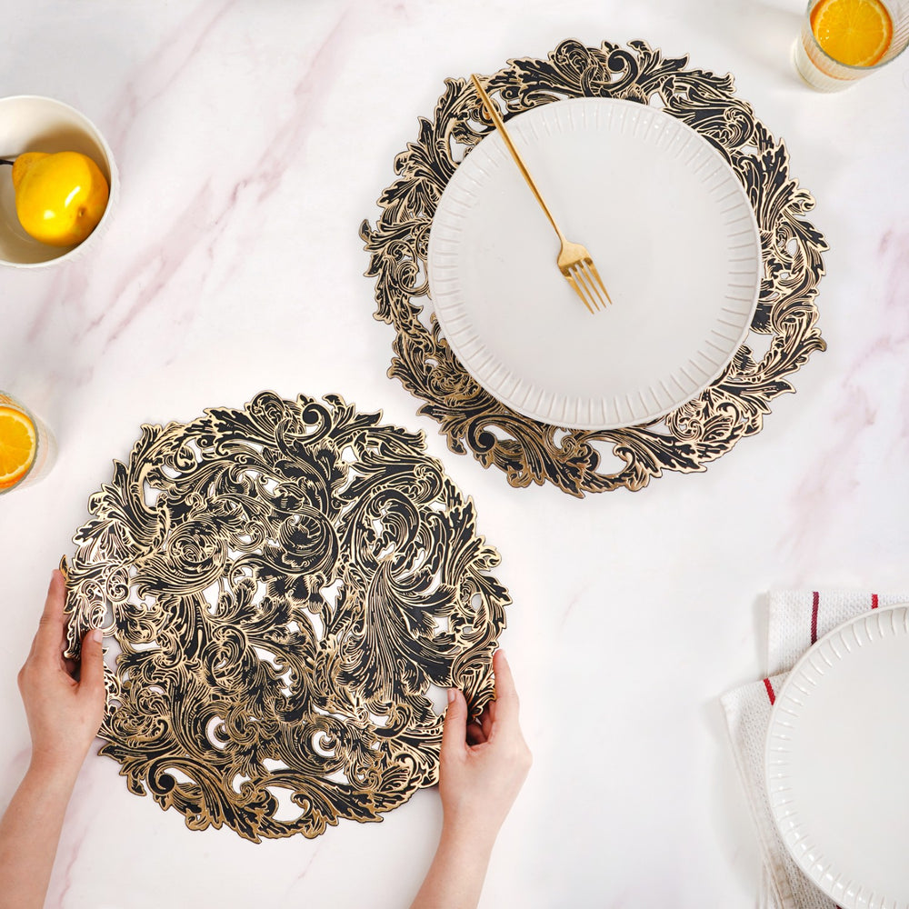 2/4/6/8 Set Noir Luxe Round Tablemat Black Golden Vinyl Metallic Flower Table Mats HZ BEDDING