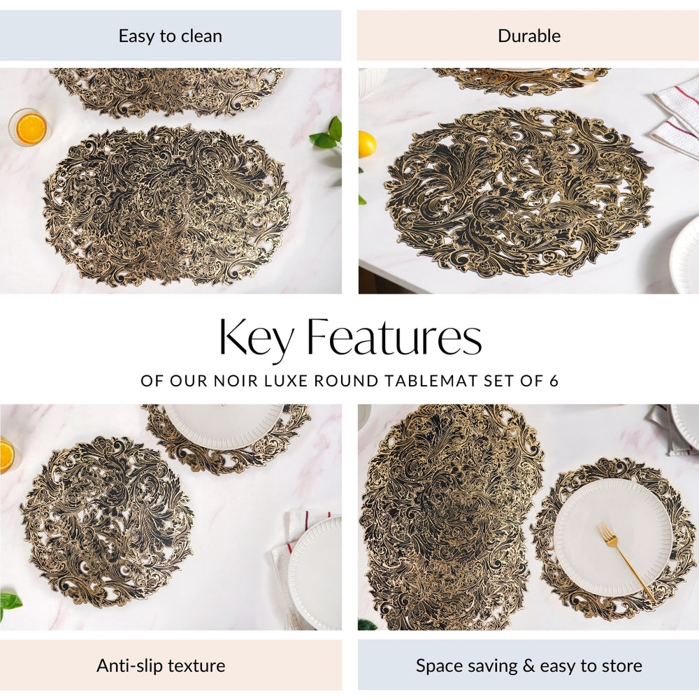 2/4/6/8 Set Noir Luxe Round Tablemat Black Golden Vinyl Metallic Flower Table Mats HZ BEDDING