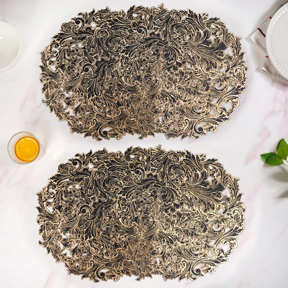 2/4/6/8 Set Noir Luxe Round Tablemat Black Golden Vinyl Metallic Flower Table Mats HZ BEDDING