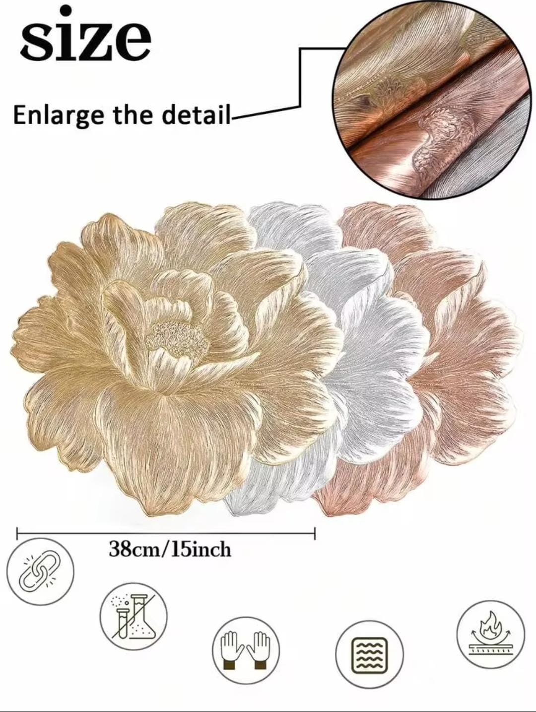 2/4/6/8 Set Fave Flower Golden Vinyl Metallic Flower Table Mats HZ BEDDING