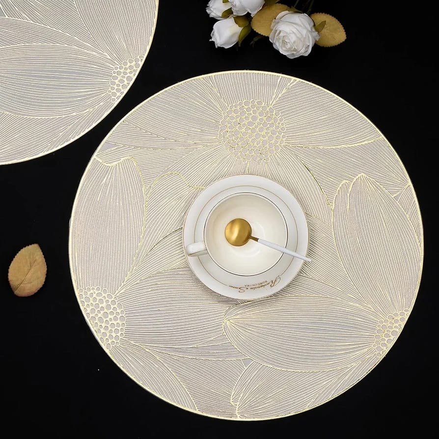 2/4/6/8 Set Orovia  Flower Golden Vinyl Metallic Flower Table Mats HZ BEDDING