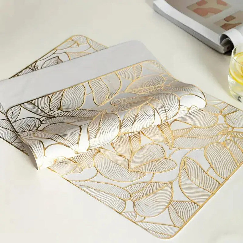 2/4/6/8 Set Foil Leaf  Golden Vinyl Metallic Flower Table Mats HZ BEDDING