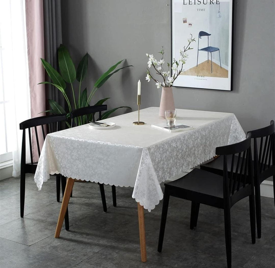 4 6 & 8 Seater White Color Tablecloth with beautiful Spill-Proof Table Cloth in Washable Oil Proof anti-scalding Pvc Vinyl Table Cover Decoration for Kitchen Dining