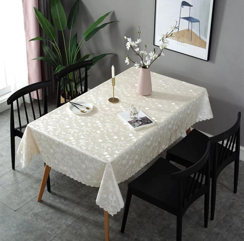 4 6 & 8 Seater White Color Tablecloth with beautiful Spill-Proof Table Cloth in Washable Oil Proof anti-scalding Pvc Vinyl Table Cover Decoration for Kitchen Dining