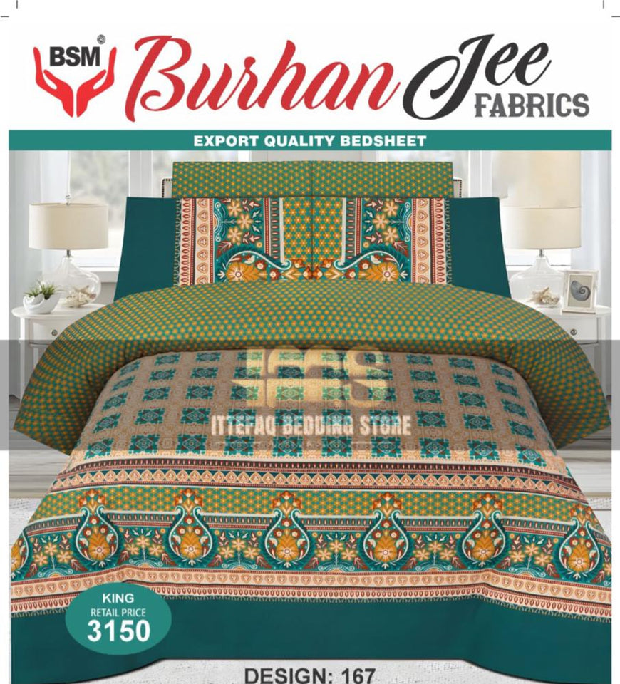 3-Piece King Double Burhan Jee Bed Sheet Set: Includes a flat sheet (94" x 98") and two pillowcases (19" x 29"). Crafted for comfort and elegance, perfect for any bedroom.