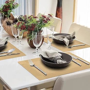 7Pcs Table Mat & Table Runner Beige Color Set Heat Resistant Placemats, Stain Resistant Washable PVC Table Mats for Dining Table Woven Placemat