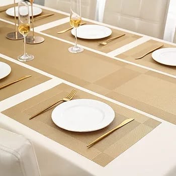 7Pcs Table Mat & Table Runner Beige Color Set Heat Resistant Placemats, Stain Resistant Washable PVC Table Mats for Dining Table Woven Placemat