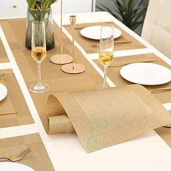 7Pcs Table Mat & Table Runner Beige Color Set Heat Resistant Placemats, Stain Resistant Washable PVC Table Mats for Dining Table Woven Placemat