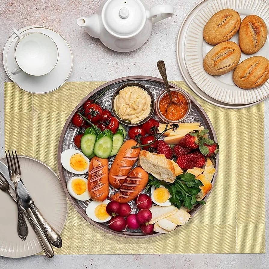 7Pcs Table Mat & Table Runner Beige Color Set Heat Resistant Placemats, Stain Resistant Washable PVC Table Mats for Dining Table Woven Placemat