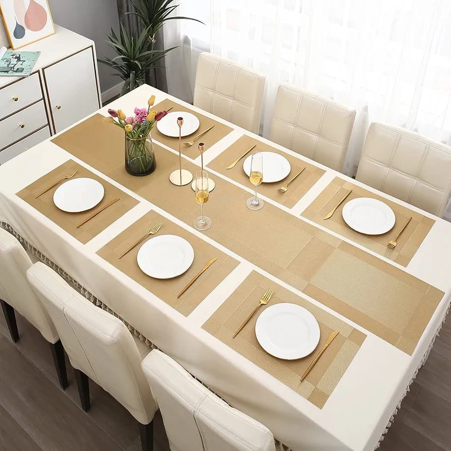 7Pcs Table Mat & Table Runner Beige Color Set Heat Resistant Placemats, Stain Resistant Washable PVC Table Mats for Dining Table Woven Placemat