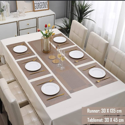7Pcs Table Mat & Table Runner Brown Color Set Heat Resistant Placemats, Stain Resistant Washable PVC Table Mats for Dining Table Woven Placemat