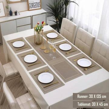 7 Pcs Dining Table Mat & Runner Set – Washable, Heat Resistant (Beige Boder)