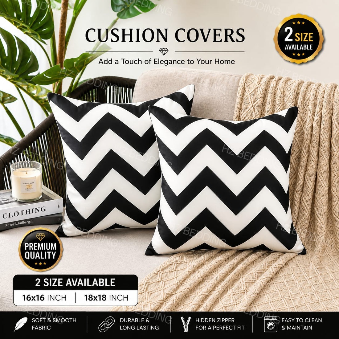 Black White Printed Cushion Cover – 16x16 HZ BEDDING
