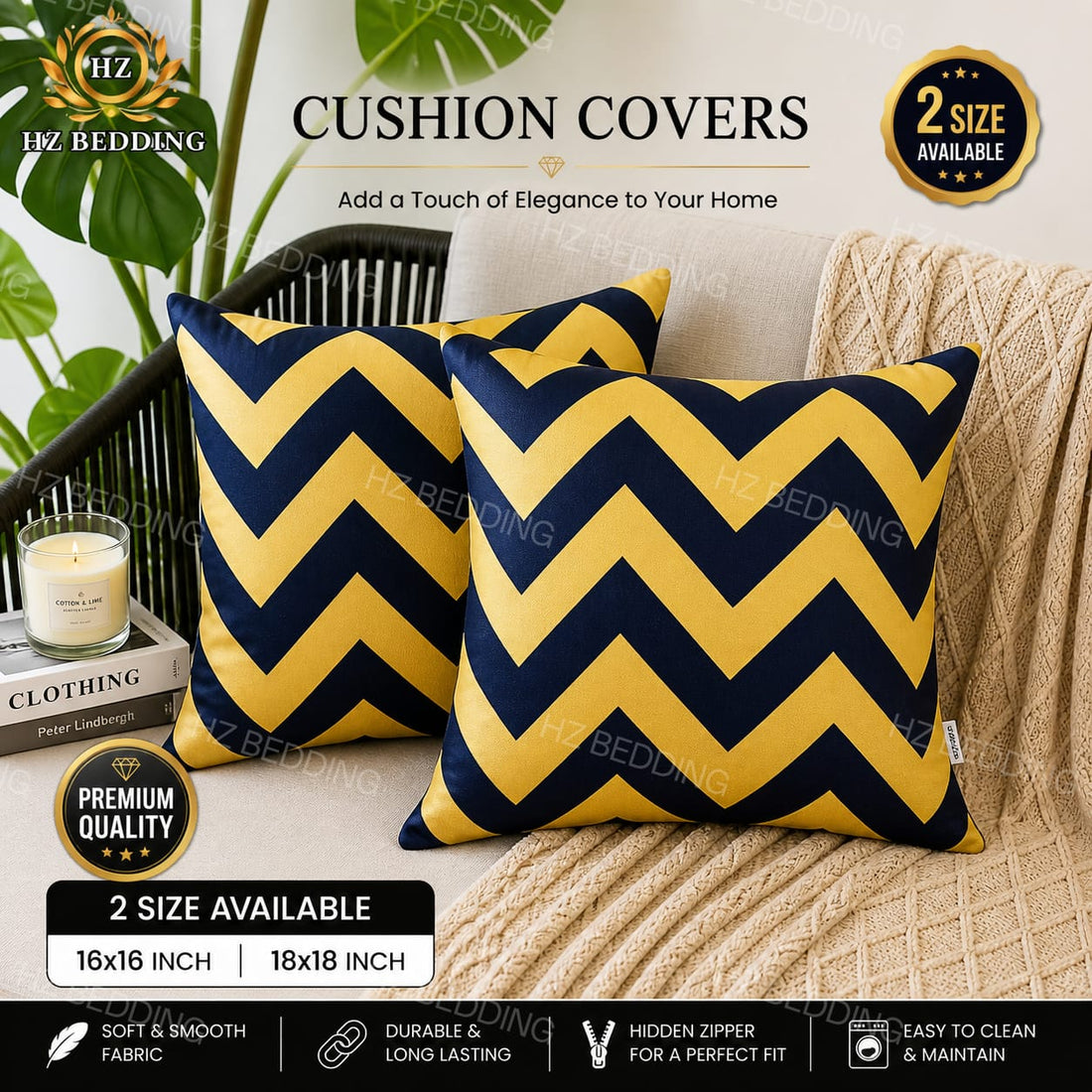 Yellow & Black Zigzag Cushion Covers – 16x16 & 18x18 inch HZ BEDDING