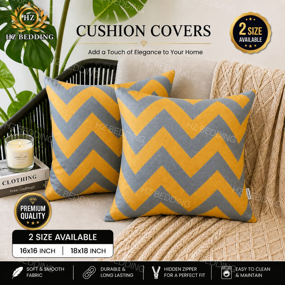 Yellow n Grey Zigzag Cushion Covers – 16x16 & 18x18 inch HZ BEDDING