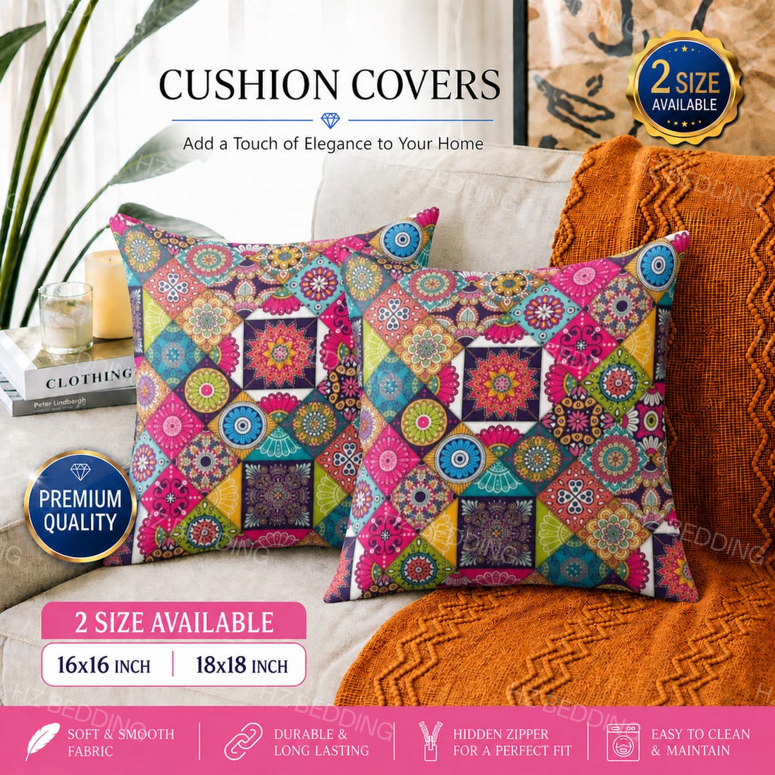 Digital Print Cushion Covers – 16x16 & 18x18 inch HZ BEDDING