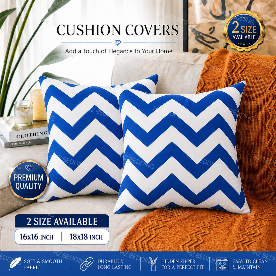Blue & White Zigzag Cushion Covers – 16x16 & 18x18 inch HZ BEDDING