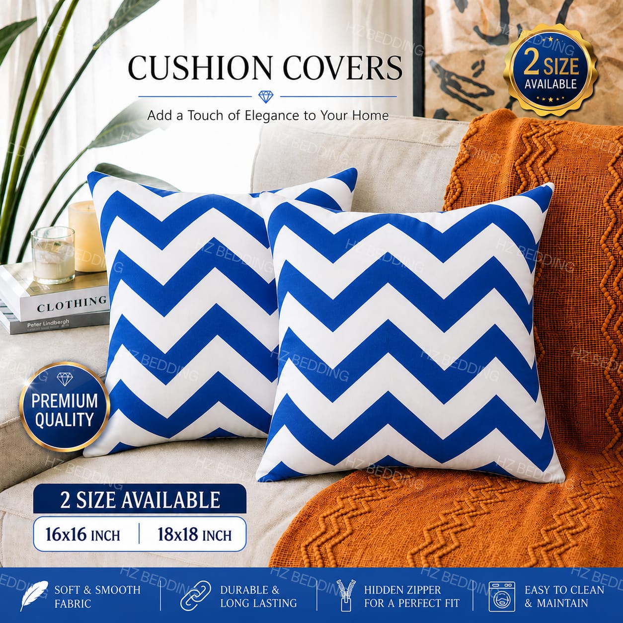Blue & White Zigzag Cushion Covers – 16x16 & 18x18 inch HZ BEDDING