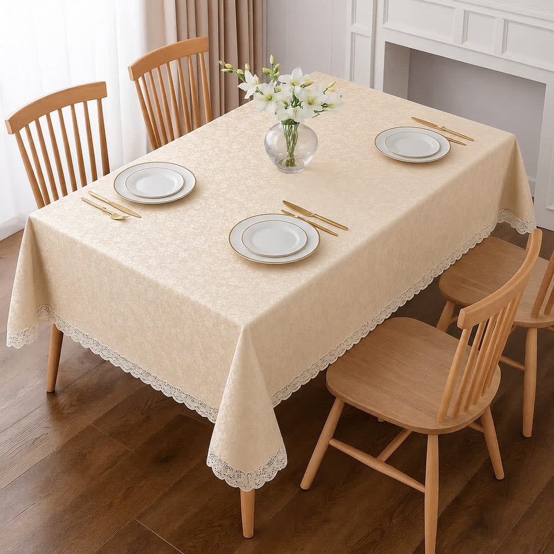 6 Seater Luxury Cream Dining Table Cover with Lace Edges – Washable & Durable HZ BEDDING