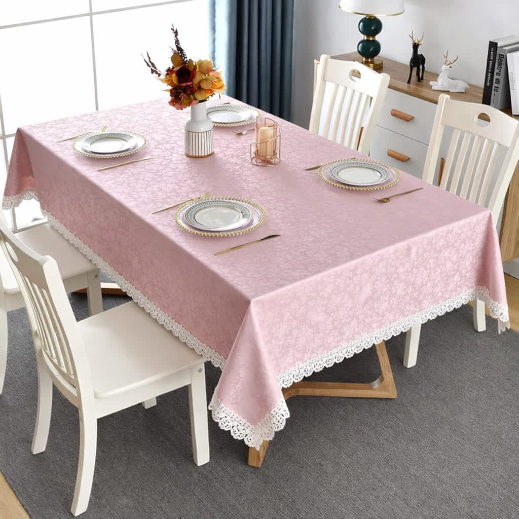 6 Seater Luxury Pink Dining Table Cover with Lace Edges – Washable & Durable HZ BEDDING