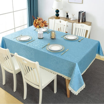 6 Seater Luxury Sky Blue  Dining Table Cover with Lace Edges – Washable & Durable HZ BEDDING