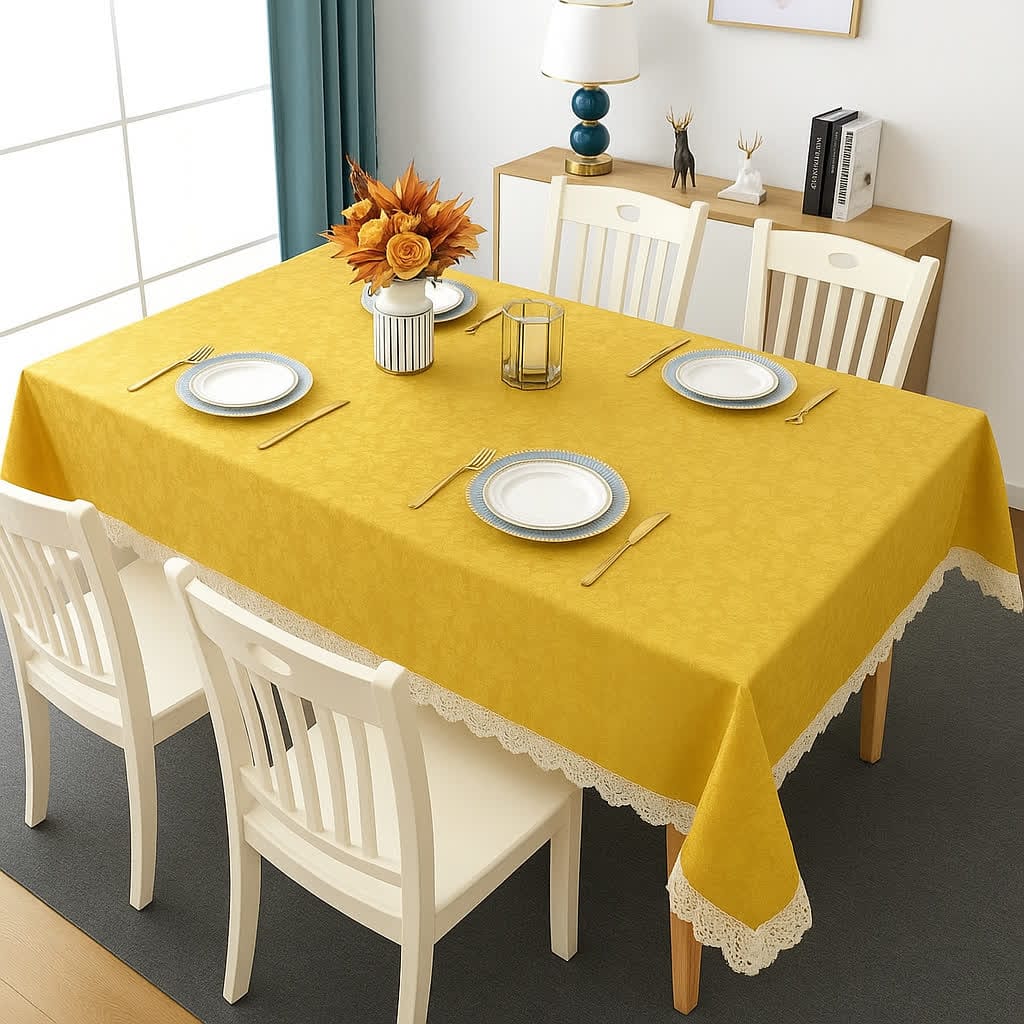 6 Seater Luxury Golden Dining Table Cover with Lace Edges – Washable & Durable HZ BEDDING
