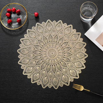 2/4/6/8 Lace Pattern PVC Golden Foil Placemats – Heat Resistant Non-Slip Dining Table Mats