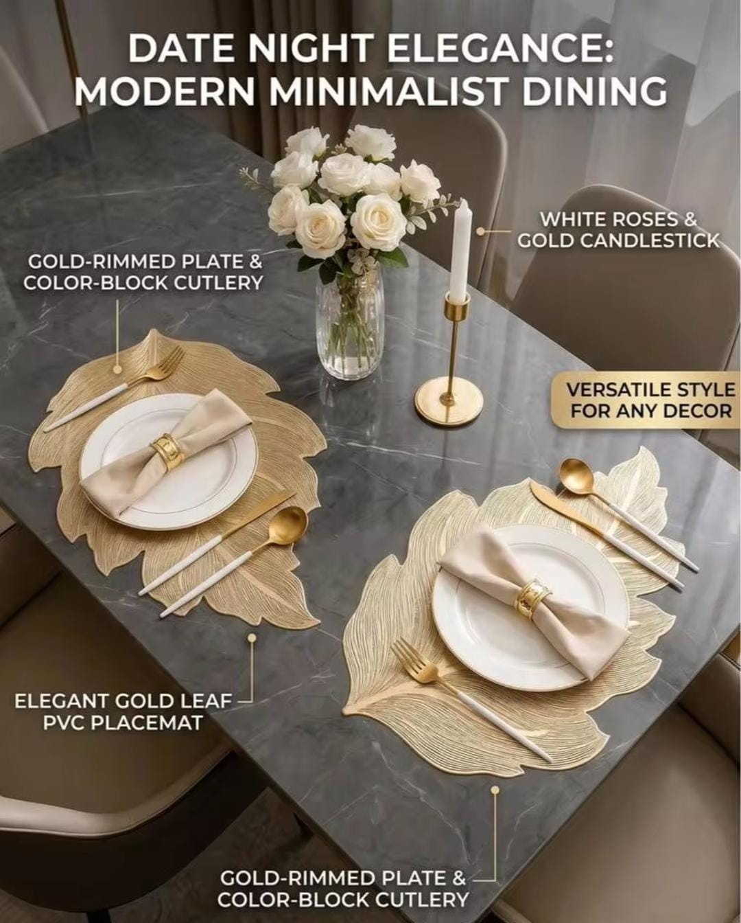 2/4/6/8 Set Decorative Leaf Gold Round Vinyl Metallic Leaf Table Mats With Runner HZ BEDDING