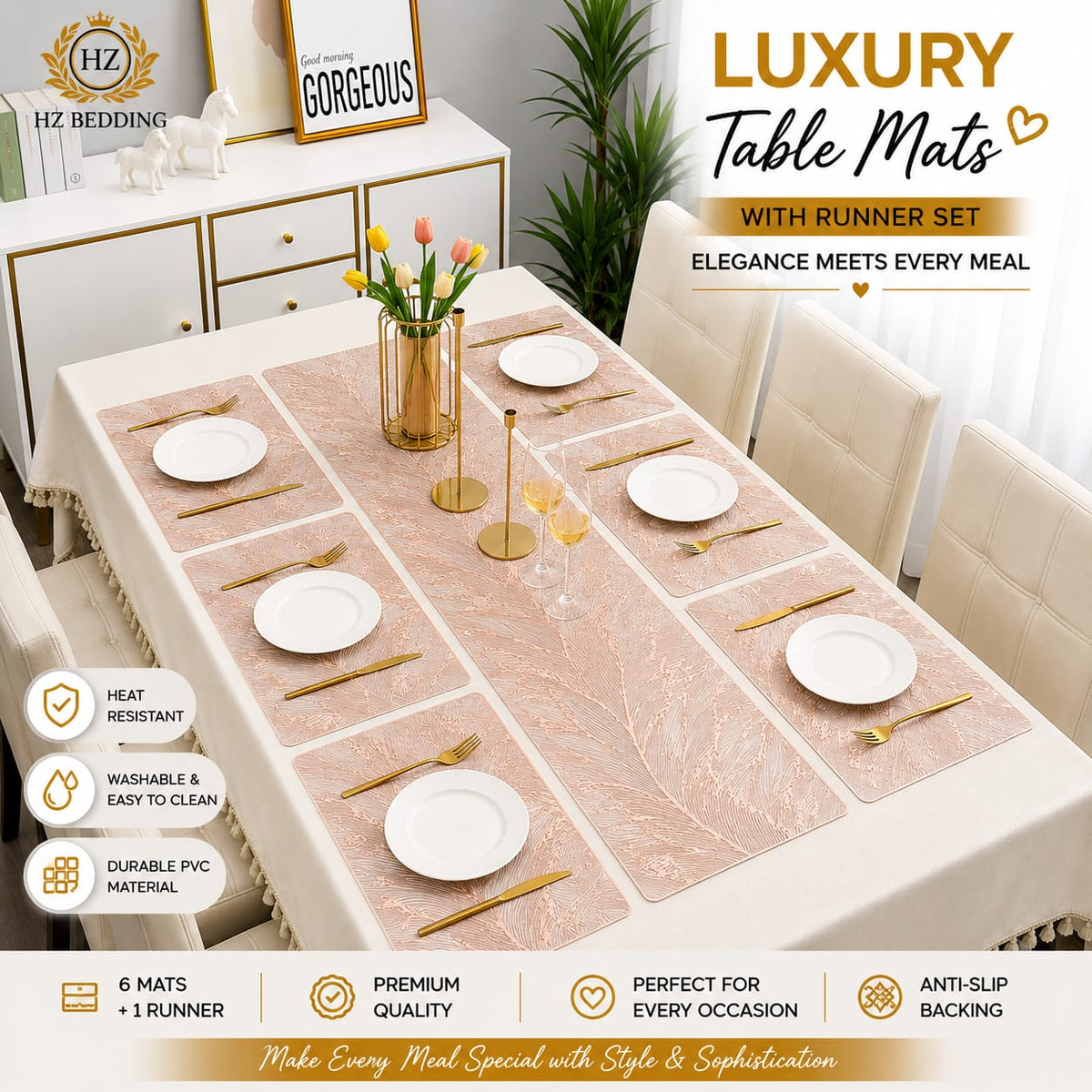 2/4/6/8 Set Feather Leaf Copper Rectangle Vinyl Table Mats & Runner HZ BEDDING