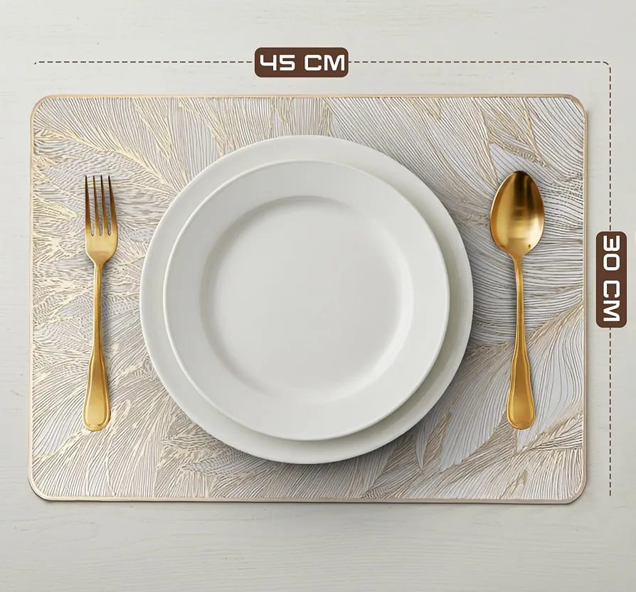 2/4/6/8 Set Feather Leaf Golden Rectangle Vinyl Table Mats & Runner HZ BEDDING