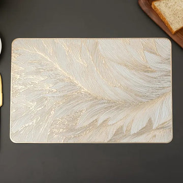 2/4/6/8 Set Feather Leaf Golden Rectangle Vinyl Table Mats & Runner HZ BEDDING