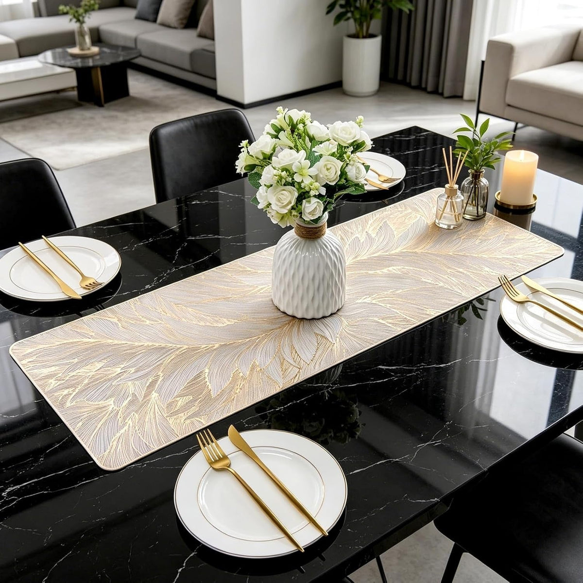 2/4/6/8 Set Feather Leaf Golden Rectangle Vinyl Table Mats & Runner HZ BEDDING