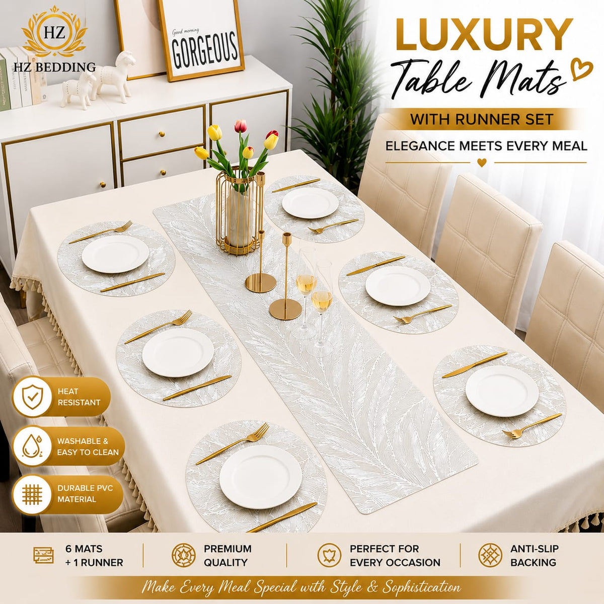 2/4/6/8 Set Feather Leaf Silver Round Vinyl Table Mats & Runner HZ BEDDING