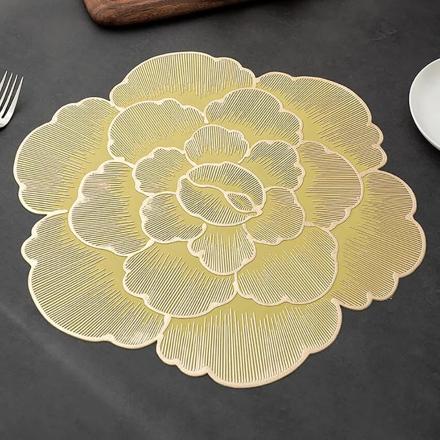2/4/6/8 Set Foral Embossed Golden Vinyl Metallic Flower Table Mats HZ BEDDING