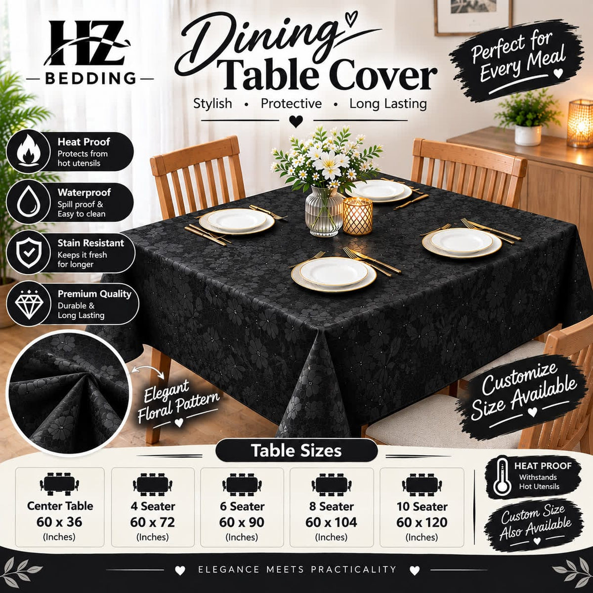 Dark Grey Table Cover - Center Table, 4 Seater, 6 Seater, 8 Seater & 10 Seater | Waterproof & Heat Proof Floral Table Cover | Custom Size Available | HZ Bedding HZ BEDDING