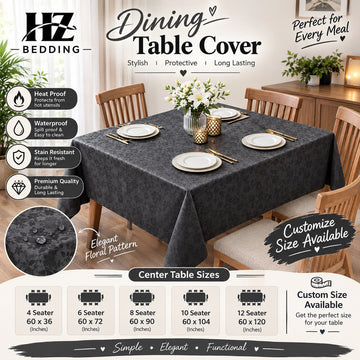 Dark Grey Table Cover - Center Table, 4 Seater, 6 Seater, 8 Seater & 10 Seater | Waterproof & Heat Proof Floral Table Cover | Custom Size Available | HZ Bedding HZ BEDDING
