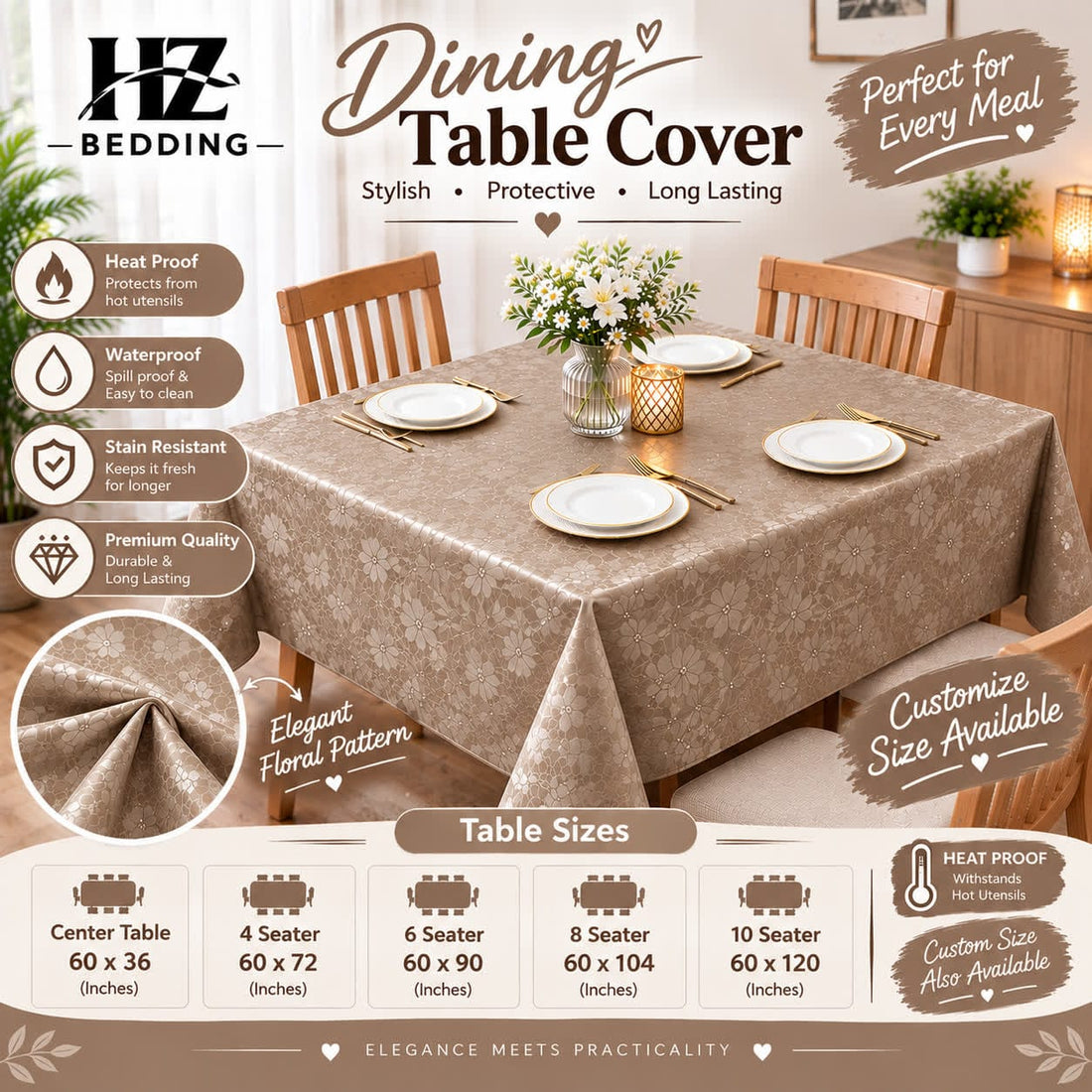 Skin color PVC table cover for 4, 6, 8 & 10 seater | HZ Bedding