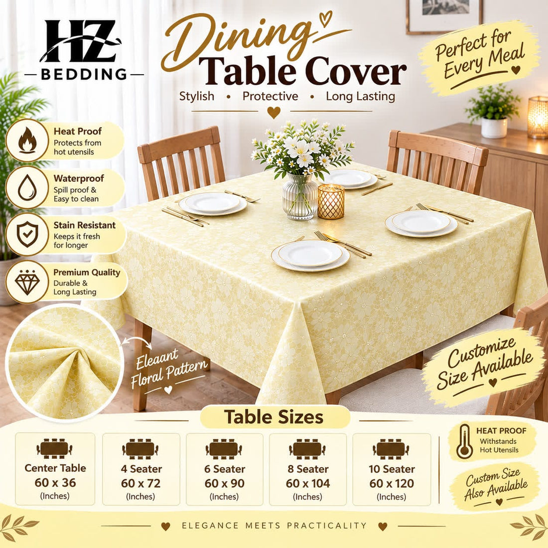 Cream PVC table cover for 4, 6, 8 & 10 seater | HZ Bedding