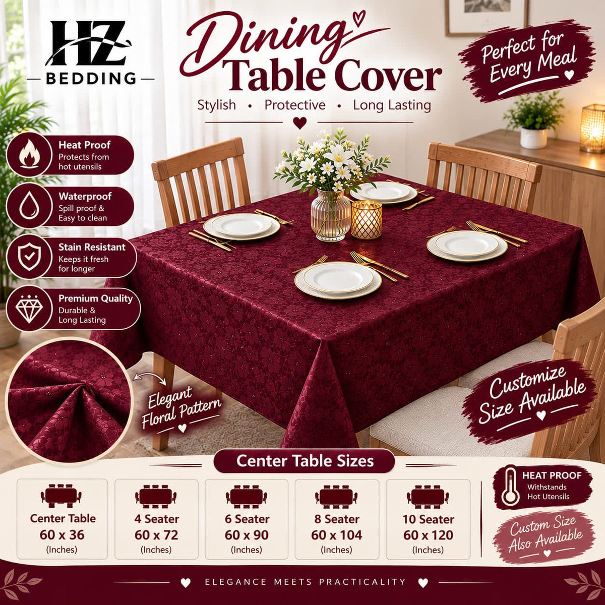 Marron Dining Table Cover - Center Table, 4 Seater, 6 Seater, 8 Seater & 10 Seater | Waterproof & Heat Proof Floral Table Cover | Custom Size Available | HZ Bedding HZ BEDDING