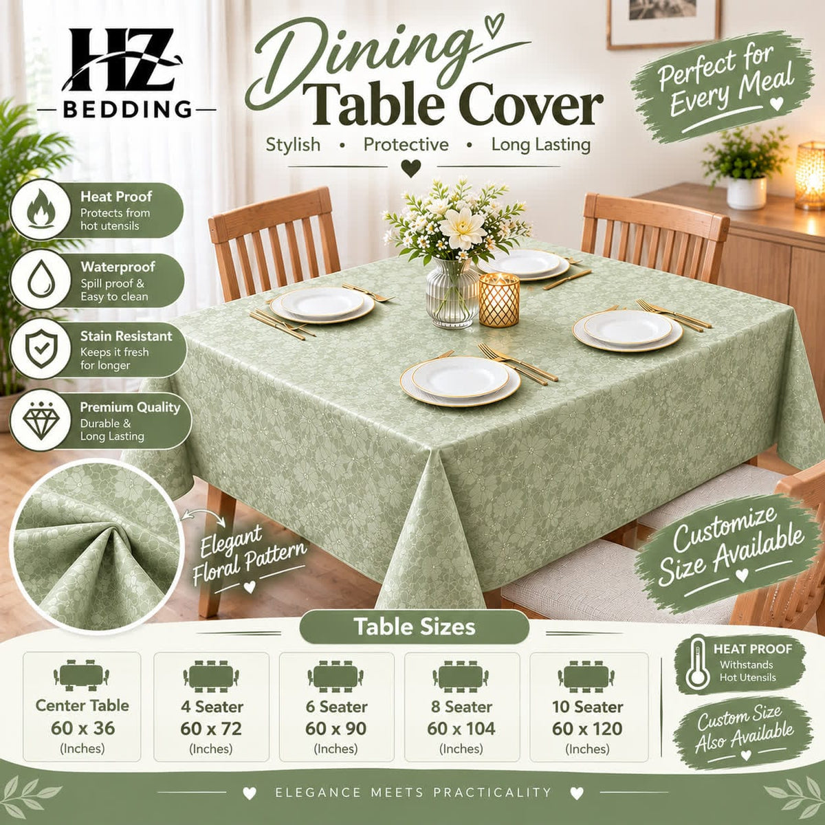 Green Pistachu Table Cover - Center Table, 4 Seater, 6 Seater, 8 Seater & 10 Seater | Waterproof & Heat Proof Floral Table Cover | Custom Size Available | HZ Bedding HZ BEDDING