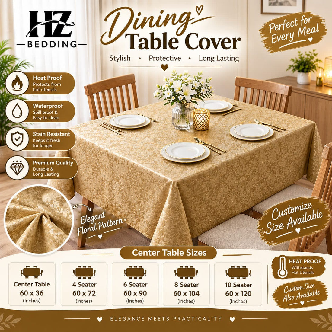 Golden PVC table cover for 4, 6, 8 & 10 seater | HZ Bedding